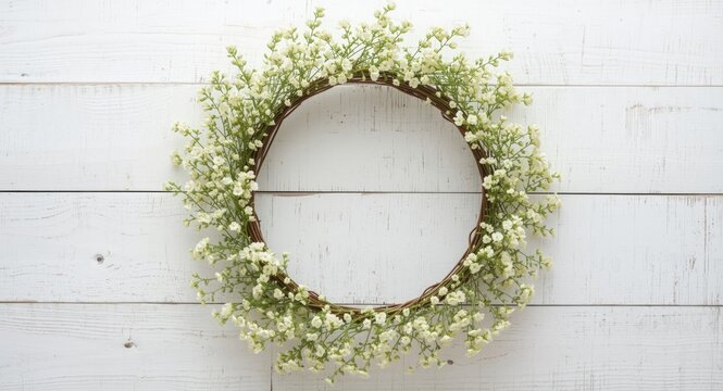 Natural mimosa flower wreath set against white timber background with copy space for cards