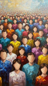 Collective Identity: An abstract crowd of figures, depicted in harmonious hues, symbolizing unity and the essence of community.