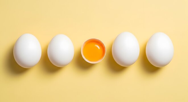 Deretan empat butir telur putih dengan satu kuning telur di tengah mangkuk kecil di atas latar kuning cerah