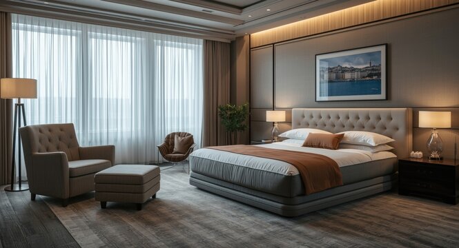 Spacious bedroom arrangement featuring a large armchair sofa and inflatable bed