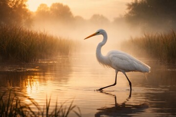 Fototapeta premium Graceful white crane walking in serene misty wetlands at dawn with gentle golden light and calm water reflections