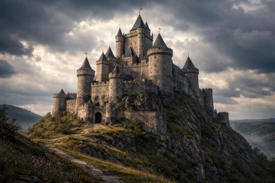 medieval stone castle on a hill with cloudy sky