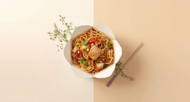 Udon and pork wok noodle box from Asian takeaway isolated in studio lighting