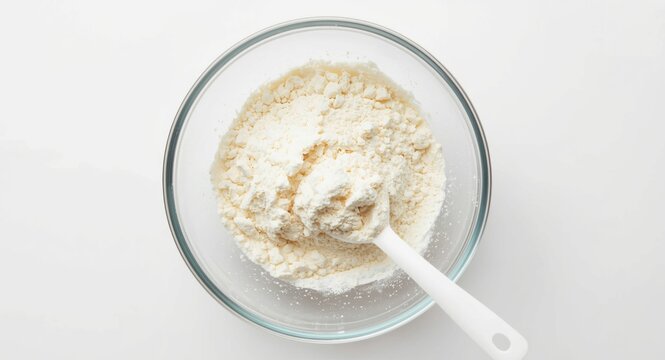 Glass bowl containing guar gum powder with plastic spoon top view texture enhancer in dairy