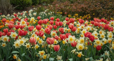 Naklejka premium Lush landscape alive with vibrant tulips and daffodils during spring season