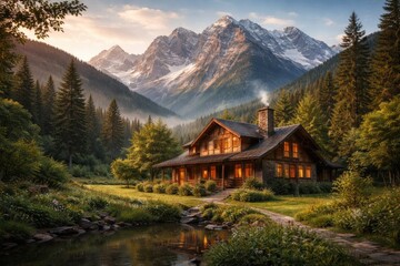 Obraz premium Morning view of a house with impressive mountain backdrop and abundant greenery