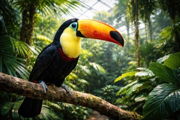 Obraz premium A colorful toucan bird perched on a branch inside a tropical enclosure with lush foliage