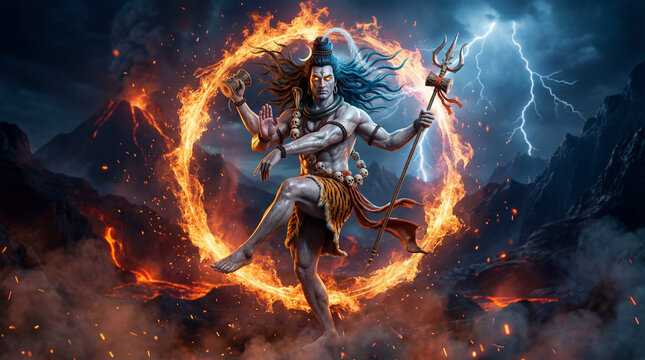 Dancing Shiva in Fiery Circle Amidst Volcanic Eruption