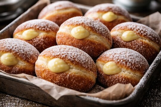 Fluffy Bomboloni Doughnuts Filled with Creamy Custard and Powdered Sugar