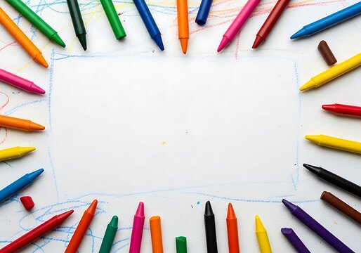 Colorful crayons frame around a blank white space on paper