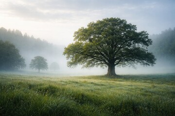 Fototapeta premium Solitary trees standing in a foggy verdant meadow landscape