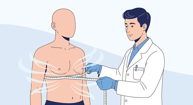 Doctor measuring patient's chest circumference for medical assessment or custom clothing fitting