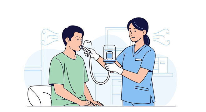 Doctor performs lung function test on patient with spirometer in clinic