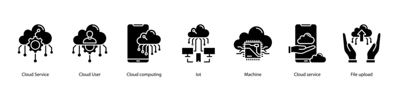 Cloud Solutions web banner icon vector illustration featuring Cloud Service, Cloud User, Cloud Computing, IoT, Machine, Cloud Service, and File Upload.