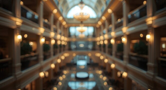 Upscale hotel atrium blurred background with cool cinematic bokeh effects for design purposes