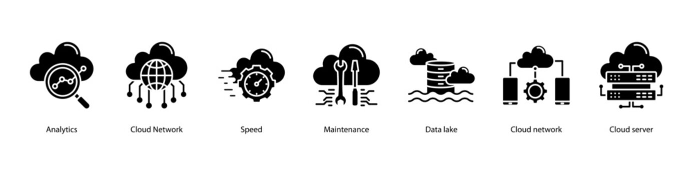 Cloud Infrastructure web banner icon vector illustration featuring Analytics, Cloud Network, Speed, Maintenance, Data Lake, Cloud Network, and Cloud Server.