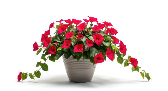 Sophisticated mandevilla flowering vine in a stylish pot front arranged on white background