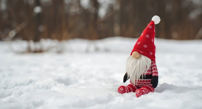 Unique Christmas gnome figure from old socks on snowy surface featuring copyspace on the right