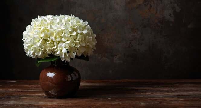 White hydrangea bouquet resting in a glossy brown vase on a reclaimed wood surface with a richly textured dark backdrop and copy space