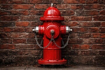 Fototapeta premium Close up view of a textured brick wall with a vibrant red fire hydrant centered