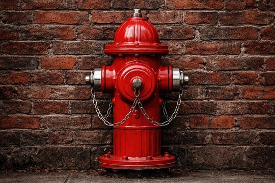 Close up view of a textured brick wall with a vibrant red fire hydrant centered