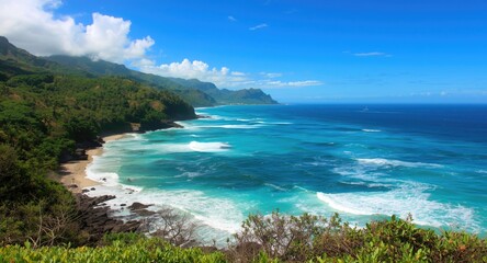 Obraz premium Vibrant coastal tropical hills with crashing surf and brilliant blue sky over pristine waters