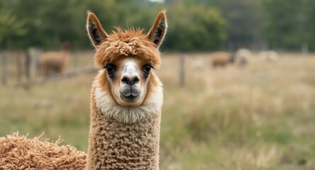Fototapeta premium Gentle llama displaying woolly coat and copy space in natural open outdoor space