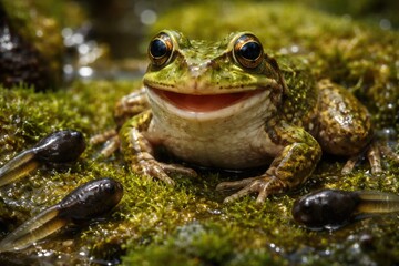 Fototapeta premium Macro view of a cheerful brown frog with vibrant green skin texture on moist mossy surface with tadpole companions