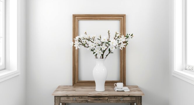 Traditional white interior displaying a jasmine vase alongside a timeworn wooden frame
