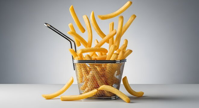 Kentang goreng renyah yang terbang keluar dari keranjang kawat perak dengan latar belakang putih abu-abu