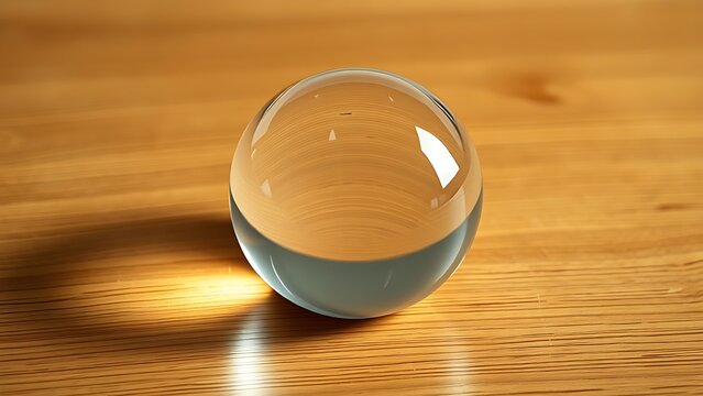 Glass paperweight magnifying light reflections on wood, symbolizing abstract financial concepts in a minimalist setting.