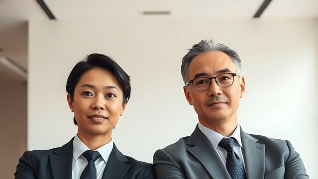 Two businesspeople in formal wear, projecting professionalism in a soft office backdrop.