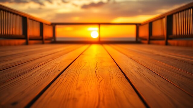 A wooden deck stretches toward the horizon, bathed in warm sunset light with a soft glow.