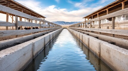 Fototapeta premium Livestock Watering Station with Multiple Aligned Troughs in Open Area