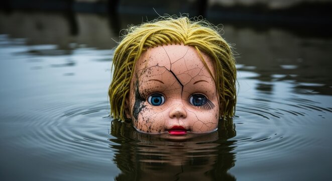 Creepy doll head submerged in water, cracked face, eerie atmosphere.