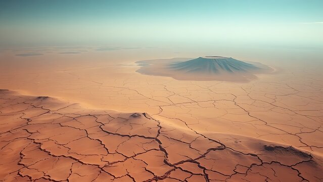A cracked desert basin with grid lines, representing sudden ecological collapse.