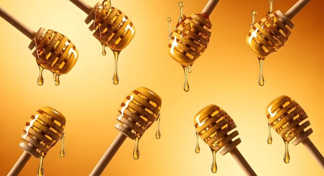 Beberapa sendok kayu madu dengan madu kental yang menetes disusun secara artistik di latar kuning