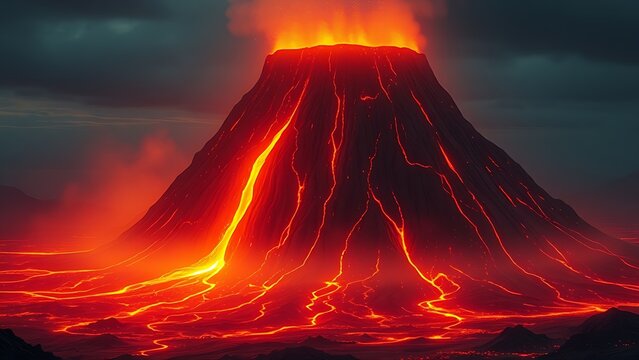 A massive volcanic plug glowing with contained energy, restrained by geometric force fields.
