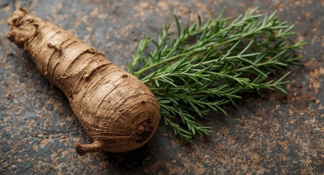 Valerian root and fresh valerian greenery placed on rustic textured surface for wellness theme