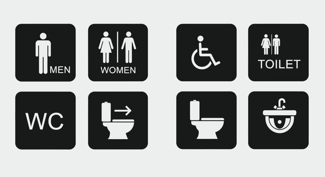 A collection of black square restroom and toilet signage depicting various facilities