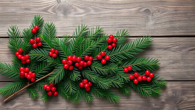 Festive evergreen branches with red berries on rustic wood.