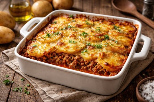 Delicious potato casserole with ground meat in square ceramic dish on wooden table