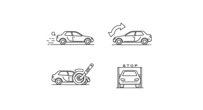 Car Parking Assistance Icons: Parallel, 3-Point Turn, Reverse, and Auto Park
