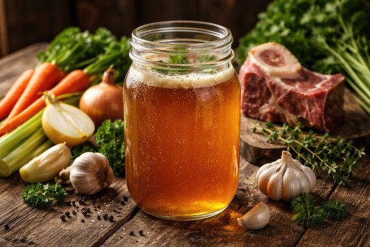 Glass jar filled with nourishing beef bone broth surrounded by fresh vegetables on rustic wooden table