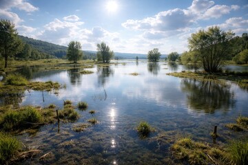 Obraz premium Empty flooded terrain with reflective water under bright daylight