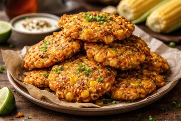 Fototapeta premium Crispy Homemade Corn Fritters Served on a Wooden Plate