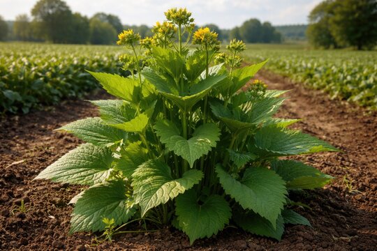 Healthy cup plant Silphium perfoliatum growing with bright green foliage and yellow flower buds in fertile farmland