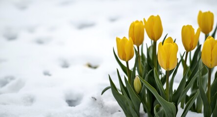 Fototapeta premium Yellow tulip flowers contrasting white snow on a crisp day