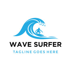 Fototapeta premium Blue wave with surfer for ocean lifestyle surfing culture adventure freedom or dynamic water sport Logo Design