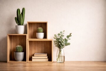 Naklejka premium Wooden cube shelves with cactus and glass vase studio background featuring copy space